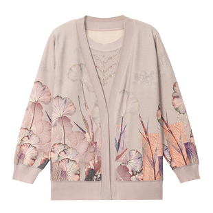 洋气妈妈春秋装针织开衫T恤两件套中老年女夏季宽松纯棉短袖套装