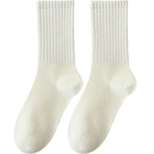 袜子女纯棉秋冬中筒袜防臭吸汗无骨跑步运动棉袜白色长筒长袜