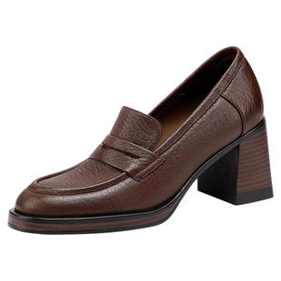 2025新款英伦风一脚蹬小皮鞋百搭粗跟软羊皮乐福鞋真皮深口单鞋女