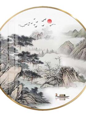 迎客松客厅装饰画新中式玄关挂画餐厅圆形背景墙走廊入户过道壁画