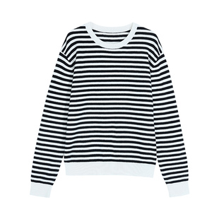 pusumede 条纹曲调 黑白条纹圆领1OO羊毛针织衫女长袖打底衫上衣