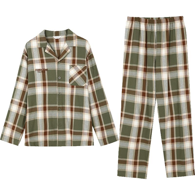 秋鹿梭织棉情侣装家居服纯棉简约格纹春秋款套装男可外穿睡衣女款