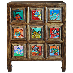 九斗柜客厅卧室实木收纳柜抽屉柜新中式复古瓷板画装饰家具原创