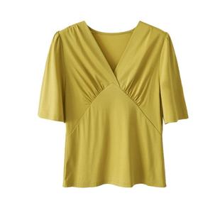 【到手99元】设计感褶皱交叠V领短袖T恤新中式白色宽松显瘦上衣女