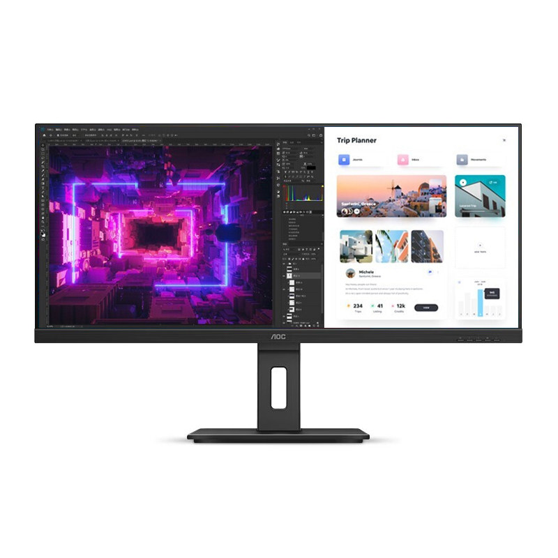 AOC U34P2M 34英寸带鱼屏显示器4K 21:9电脑显示屏办公炒股宽屏
