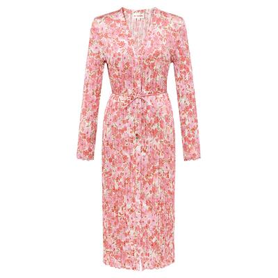 气质V领印花收腰压褶连衣裙雅莹