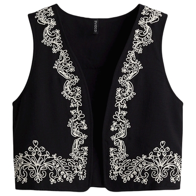 HM女装马夹2025年冬季新款修身绣花时尚设计V领外搭马甲1296985