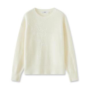 LILY冬新款女装文艺气质绣花绵羊毛宽松休闲针织衫毛衣女短款