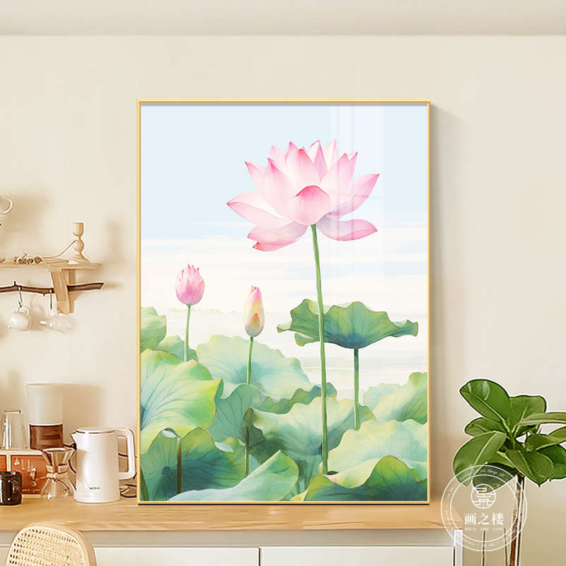 和气生财现代简约客厅装饰画晶瓷写实桌面摆画高级感荷花玄关挂画