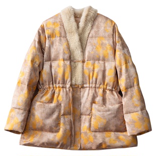 一丝牵 新国标90白鸭绒编织水貂毛领提花羽绒服加厚保暖外套25冬