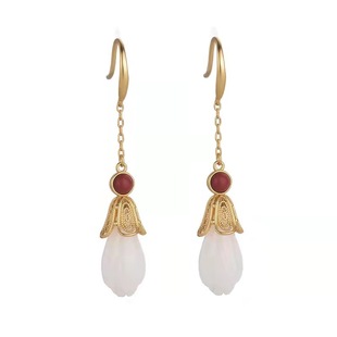 新中式镀金白玉兰花耳坠女复古个性仿南红玉石长款耳环高级感耳饰