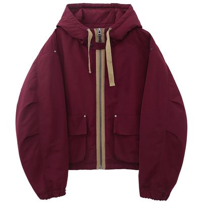 安可拉红撞色织带中性工装棉服