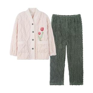 带胸垫睡衣女珊瑚绒长袖加厚加绒2022年新款女士家居服秋冬款套装