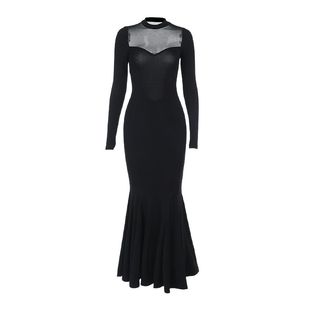 instunning纯欲性感网纱拼接长袖连衣裙女高级感腰气质高鱼尾裙子