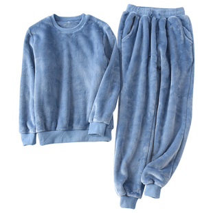 情侣法兰绒睡衣女冬加厚加绒保暖束脚收口珊瑚绒套头家居服套装男