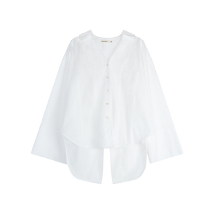 秘密盒子轻烟薄雾 60支纸感棉前短后长解构后开衩v领长袖白衬衫