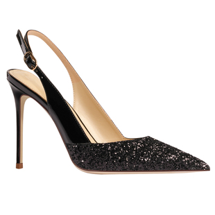 HLTINO2025春季新款黑色尖头高跟鞋一字带亮片漆皮包头凉鞋女细跟