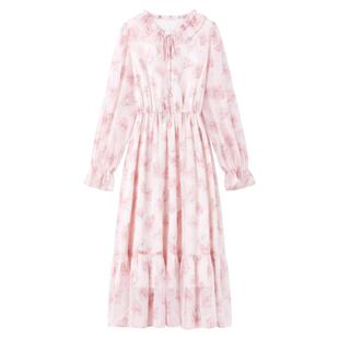 秋水伊人简约V领印花设计连衣裙2026年春装新款女气质通勤中长裙