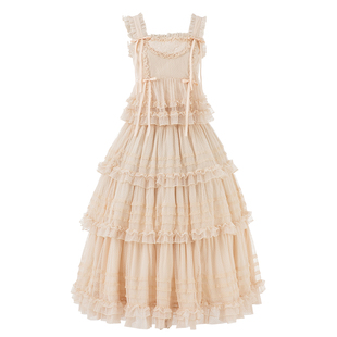 现货 林间秘境 SP珍珠浅杏生成刺绣长袖外搭多层点纱长裙优雅