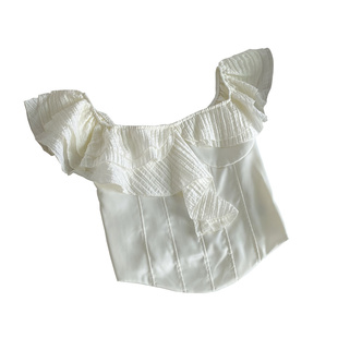 衬衫女法式纯欲风设计感荷叶边一字肩不规则下摆收腰短款衬衣上衣