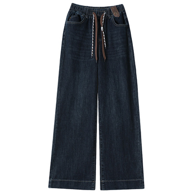 松紧腰直筒牛仔裤女加绒