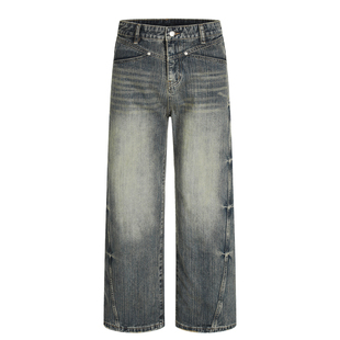 HY711 分割解构竹节纹理猫须直筒宽松微廓牛仔裤男女美式复古裤子