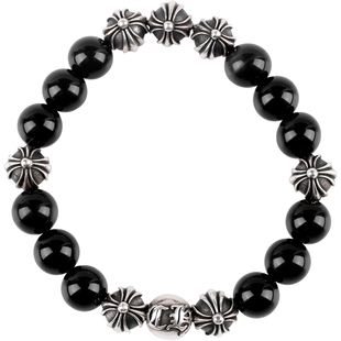 一休老银匠925纯银8银珠字母珠10mm黑曜石手链潮流男女款情侣手环