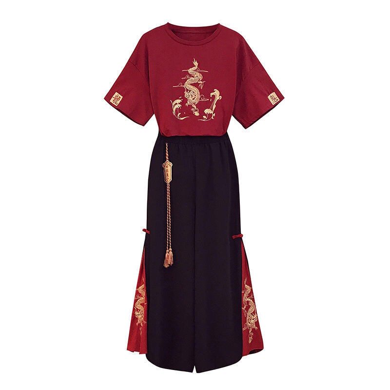 改良汉服中国风阔腿裤T恤微胖妹妹遮肉大码女装国潮班服套装
