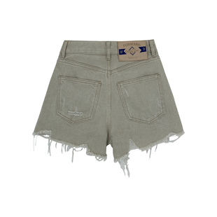 【现货】西草儿6018卡其色牛仔裤女新款高腰宽松阔腿a字毛边短裤