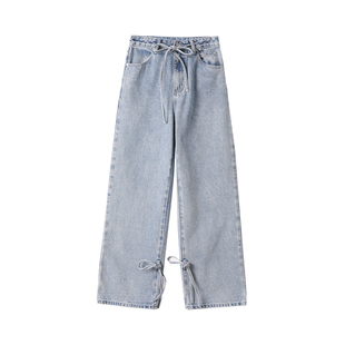 MSKIN6早春系带牛仔裤女宽松直筒显瘦2025新款设计感高腰百搭长裤