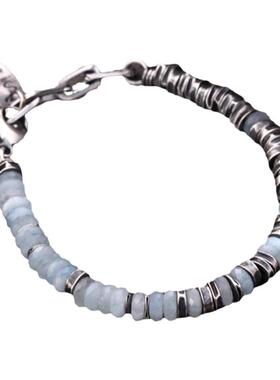 氧化纯银复古天然海蓝宝石手链