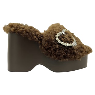 尼斯辰光~12cm水钻羊卷毛厚底坡跟拖 2025秋冬爱心气质轻便防滑