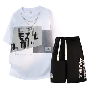 夏装潮流短袖t恤男孩学生半袖青少年胖大童男装短裤休闲套装男装