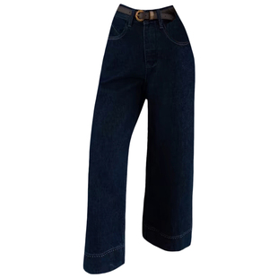 2025秋冬新款阿凡牛3687深蓝底抓毛薄绒宽松窄版女牛仔直筒阔腿裤