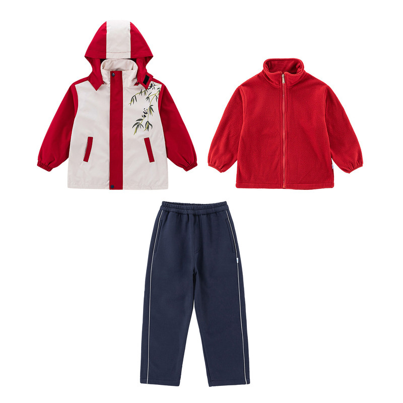 校服中国风冲锋衣运动服套装班服秋冬款国潮小学生幼儿园园服红色