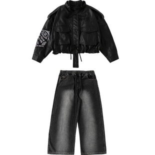 美式嘻哈儿童HIPHOP演出服秋冬男童摇滚风街舞潮服皮衣外套表演服