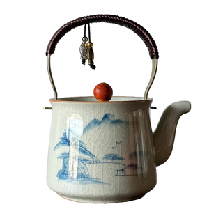 哥窑手绘荷花提梁壶冰裂釉陶瓷家用单壶大容量茶壶一人用中式茶具