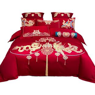 高档结婚四件套大红全棉龙凤喜庆被刺绣中式新婚庆嫁房礼床上用品