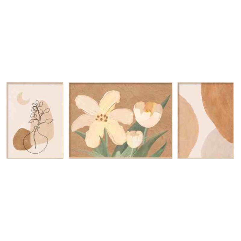 日式原木风客厅装饰画郁金香三联壁画奶油风肌理画沙发背景墙挂画