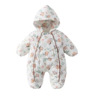 婧麒新生婴幼儿衣服秋冬季连帽保暖夹棉连体衣卡通宝宝外出服冬装