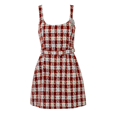 DPLAY2025年秋季新款红色连衣裙女气质小香风粗花呢裙子格纹短裙