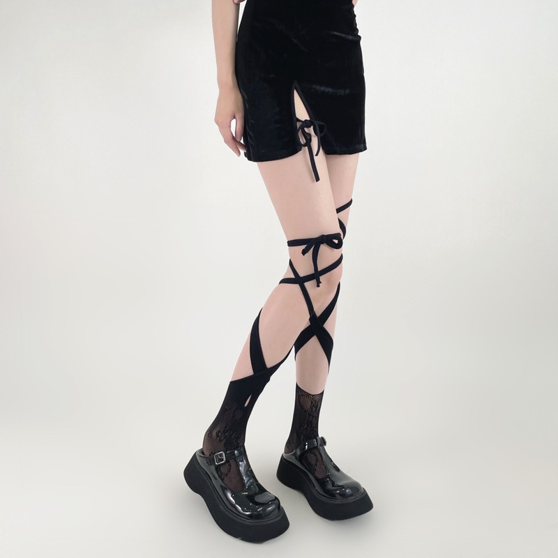 新品 新款ins小众甜酷蕾丝网袜一体成型不规则绑带分趾潮袜显瘦小