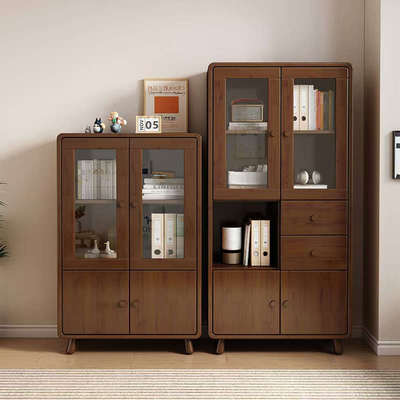 橡胶木书柜防尘实木多层置物书架儿童家用储物柜带门玻璃门落地