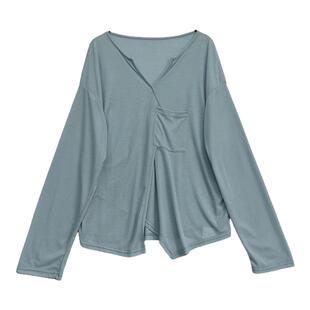 开叉飘逸轻薄上衣~垂感微透雾霾蓝打底衫长袖T恤宽松防晒罩衫罩衫