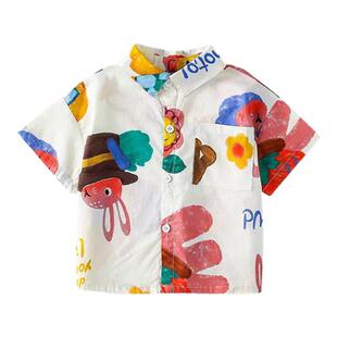 童装男童衬衫夏季宝宝短袖上衣薄款花衬衫2025新款潮童棉衬衫