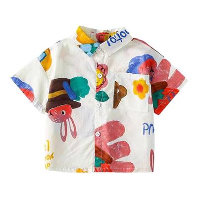 童装男童衬衫夏季宝宝短袖上衣薄款花衬衫2025新款潮童棉衬衫