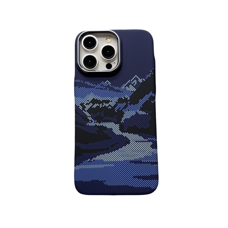 雪山河流碳纤维纹适用iPhone15proMax手机壳13Promax苹果14pro Max硬壳MagSafe磁吸凯夫拉纹保护壳浮雕超薄男