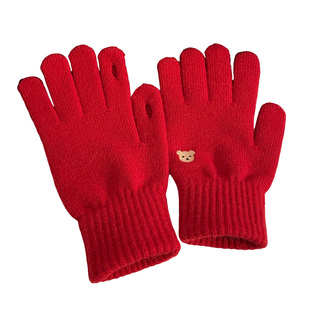 可爱小熊刺绣针织毛线手套女冬季可触屏露指保暖防寒防风骑行五指