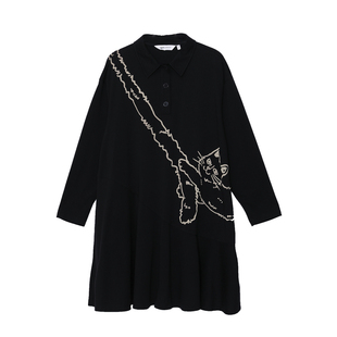 MOVEUP幻走2025秋季新款.FUN系列纯棉翻领印花鱼尾裙摆针织连衣裙