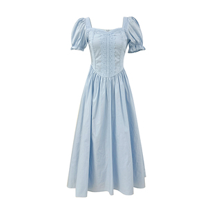AM NANA气质法式蓝色短袖连衣裙女温柔风漂亮初恋裙收腰长裙子